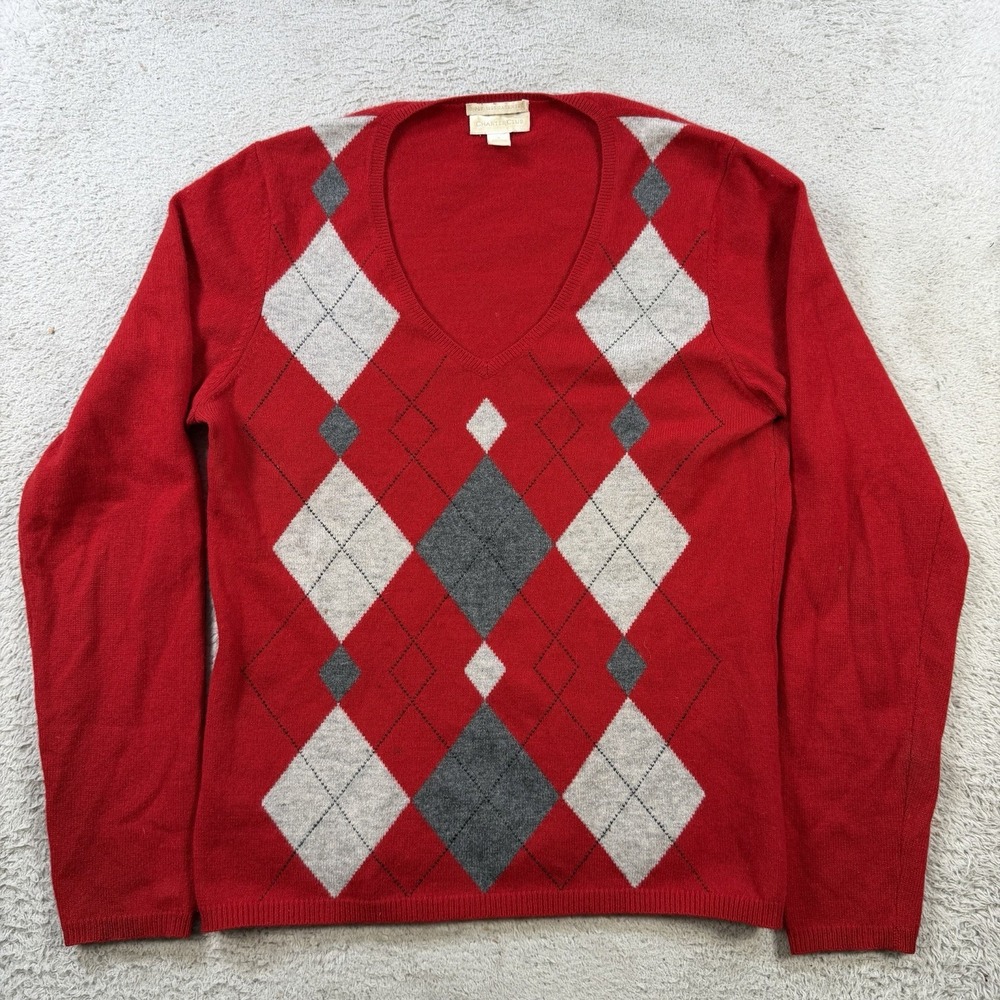 Charter Club Sweater Womens Small Red Argyle 100% Cashmere V-Neck 2 Ply Soft